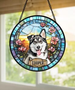 Personalized Dog Portrait Stained Glass Suncatcher, Custom Pet Memorial Stained Glass Photo Suncatcher, Dog Loss Keepsake
